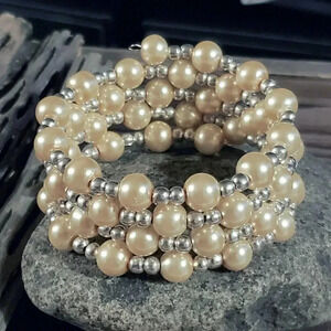 Handcrafted Champagne Beige Glass Pearl Silver Beads Wrap Bracelet